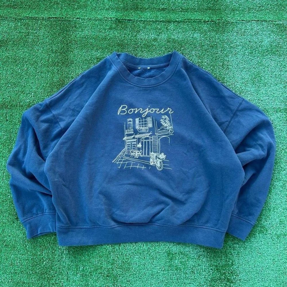 American Vintage Navy Blue 'Bonjour' Crewneck Sweater